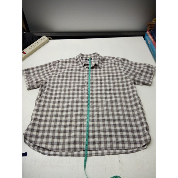 Bruno Button Up Shirt Men's 2XLB Short Sleeve Tan Plaid Polyester Blend Casual - Picture 2 of 5